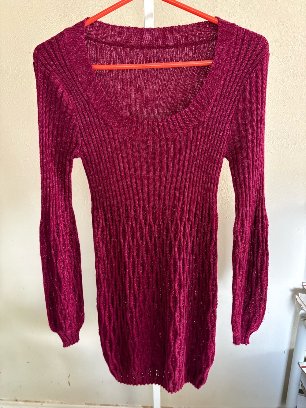 Ribbed Knit Scoop Neck Sweater Dress - Berry
